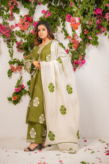 Olive Green Cotton Suit with White Aari Embroidery