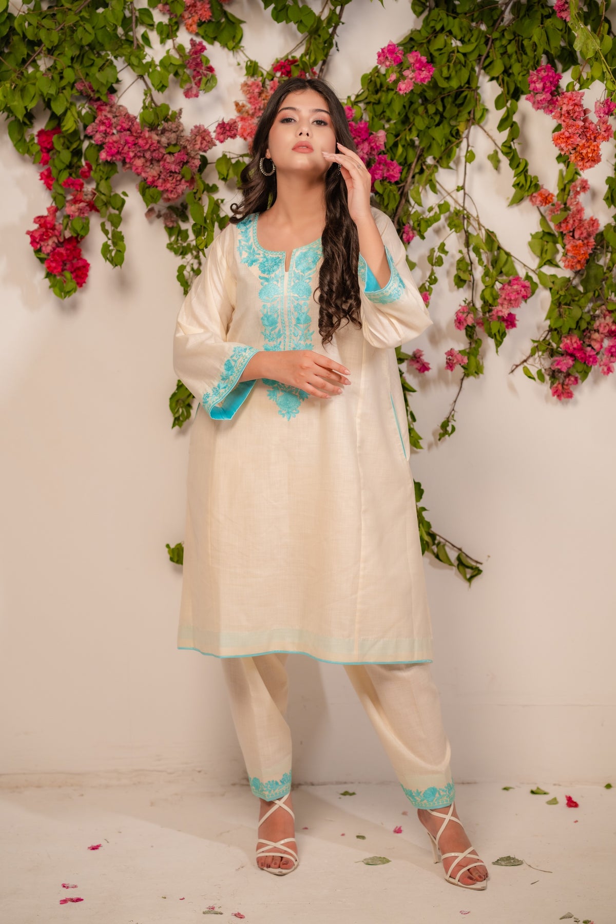 Off White Cotton Suit with Blue Aari Embroidery