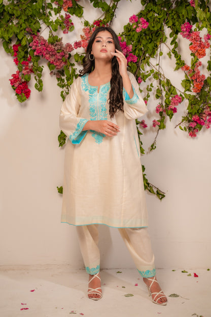 Off White Cotton Suit with Blue Aari Embroidery