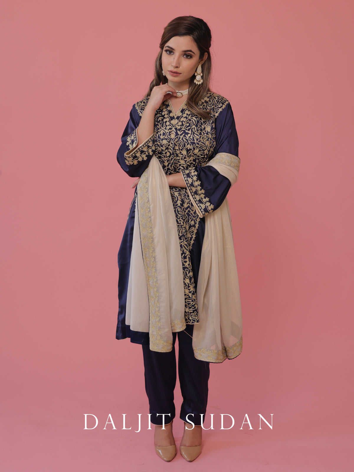 Navy Blue Satin phiran suit with tilla aari embroidery