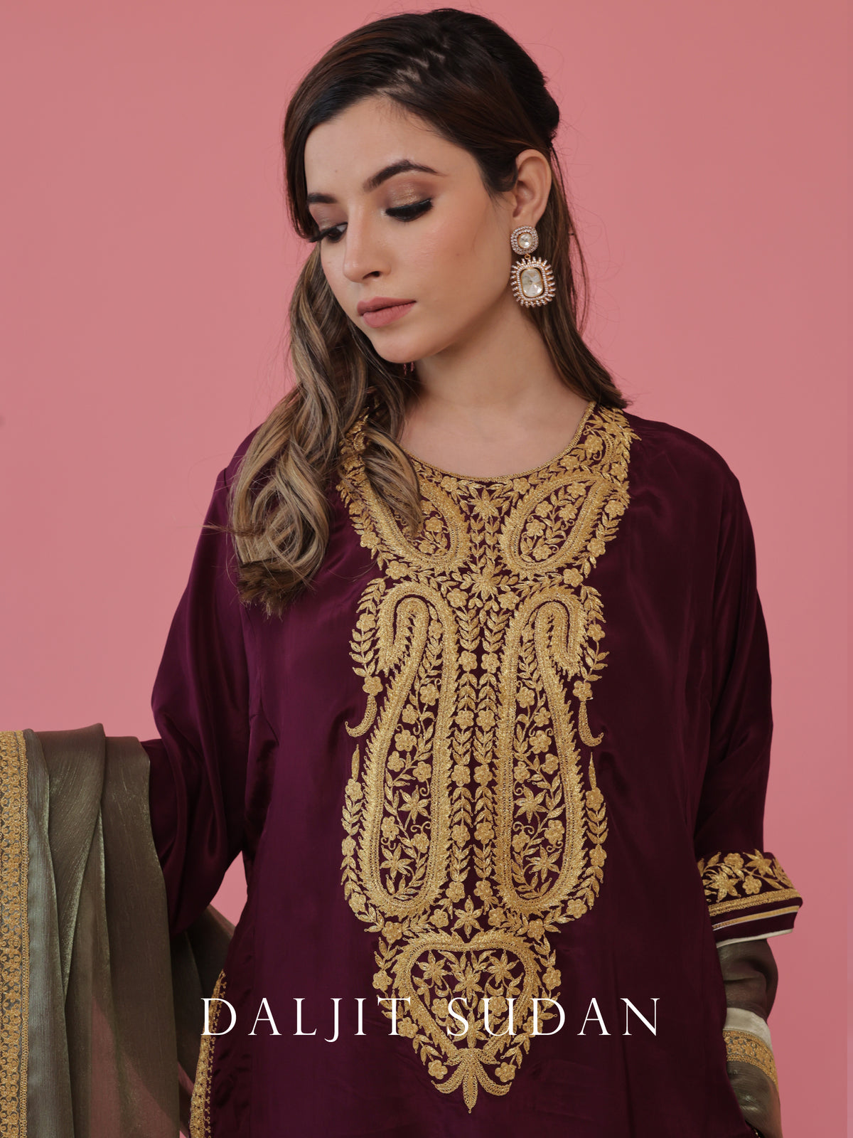 Wine crepe phiran suit with tilla embroidery