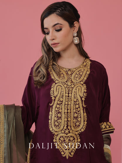 Wine crepe phiran suit with tilla embroidery