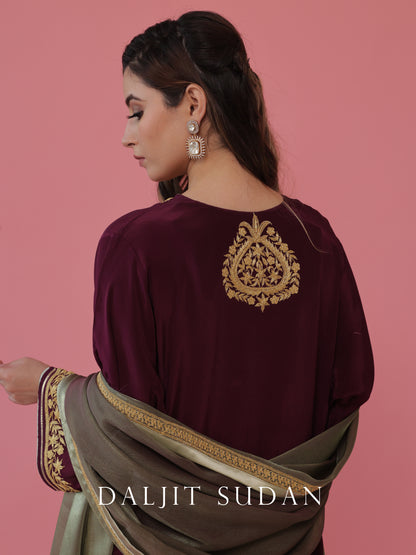 Wine crepe phiran suit with tilla embroidery