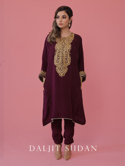 Wine crepe phiran suit with tilla embroidery
