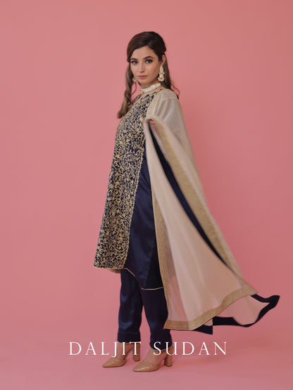 Navy Blue Satin phiran suit with tilla aari embroidery