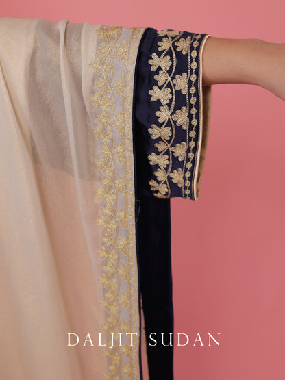 Navy Blue Satin phiran suit with tilla aari embroidery