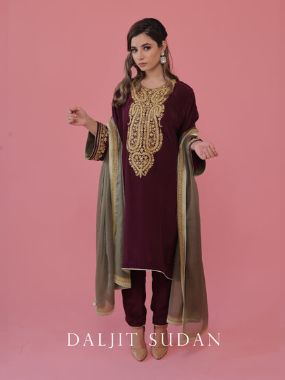 Wine crepe phiran suit with tilla embroidery