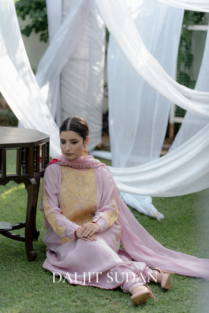Pink Crepe Long Yolk Tilla Suit