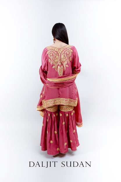 Peony Pink Crepe Gharara Tilla Suit